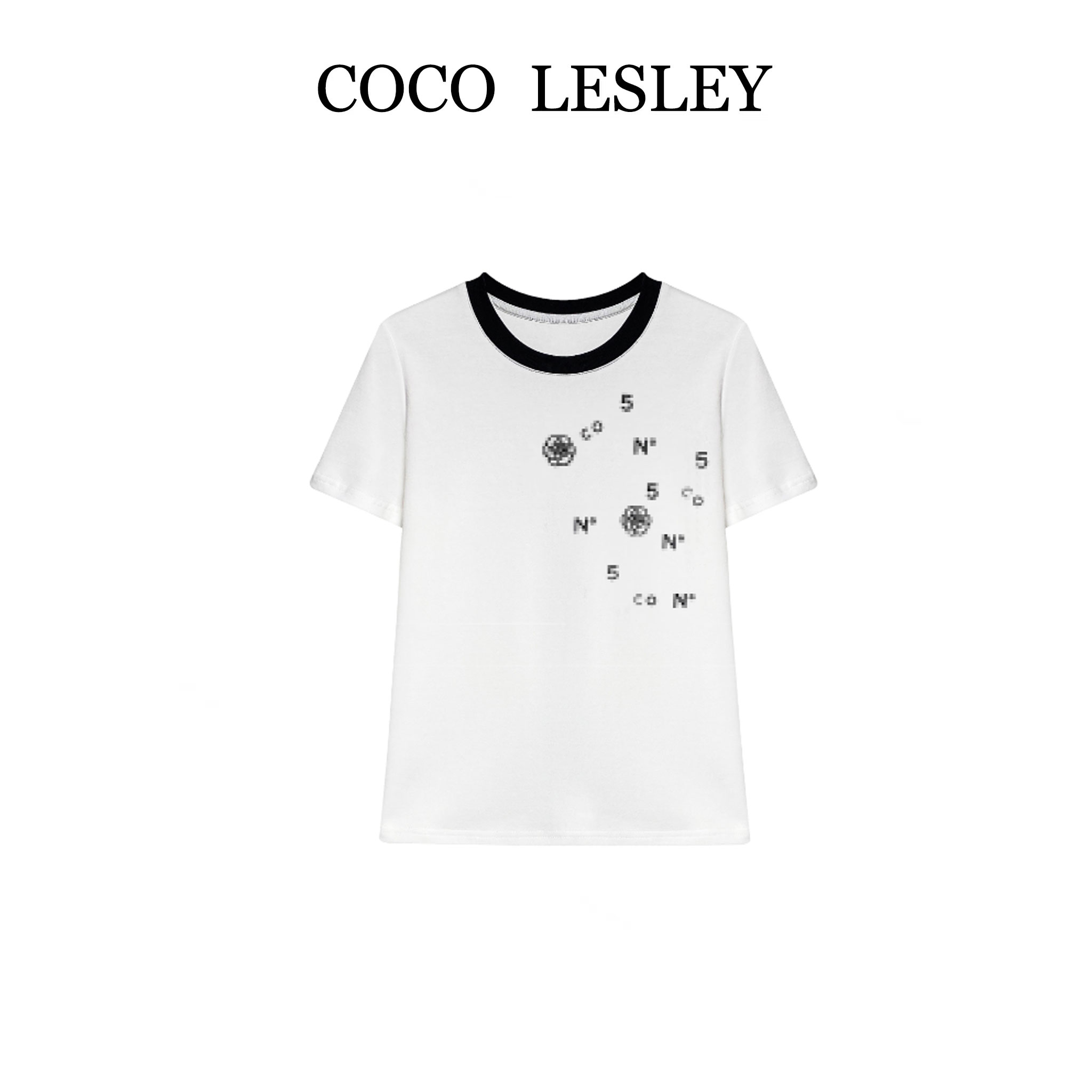 【COCO LESLEY】66920#轻奢拼接字母印花T恤衫2025夏百搭个性上衣