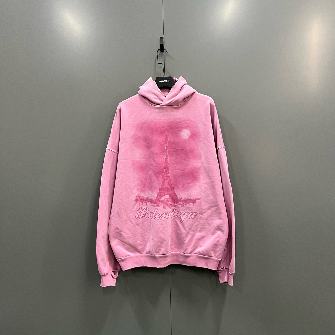 95新 Balenciaga/巴黎世家 粉色铁塔印花做旧帽衫 4码/10430/