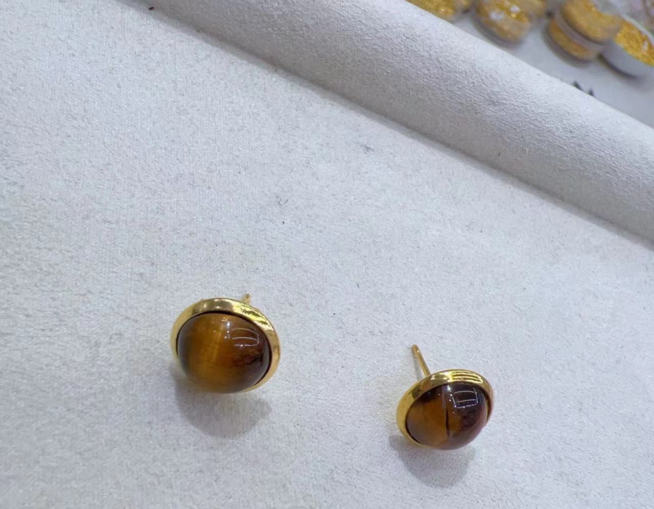 钛钢树脂耳饰 天然虎眼石咖啡色女生耳环 00013