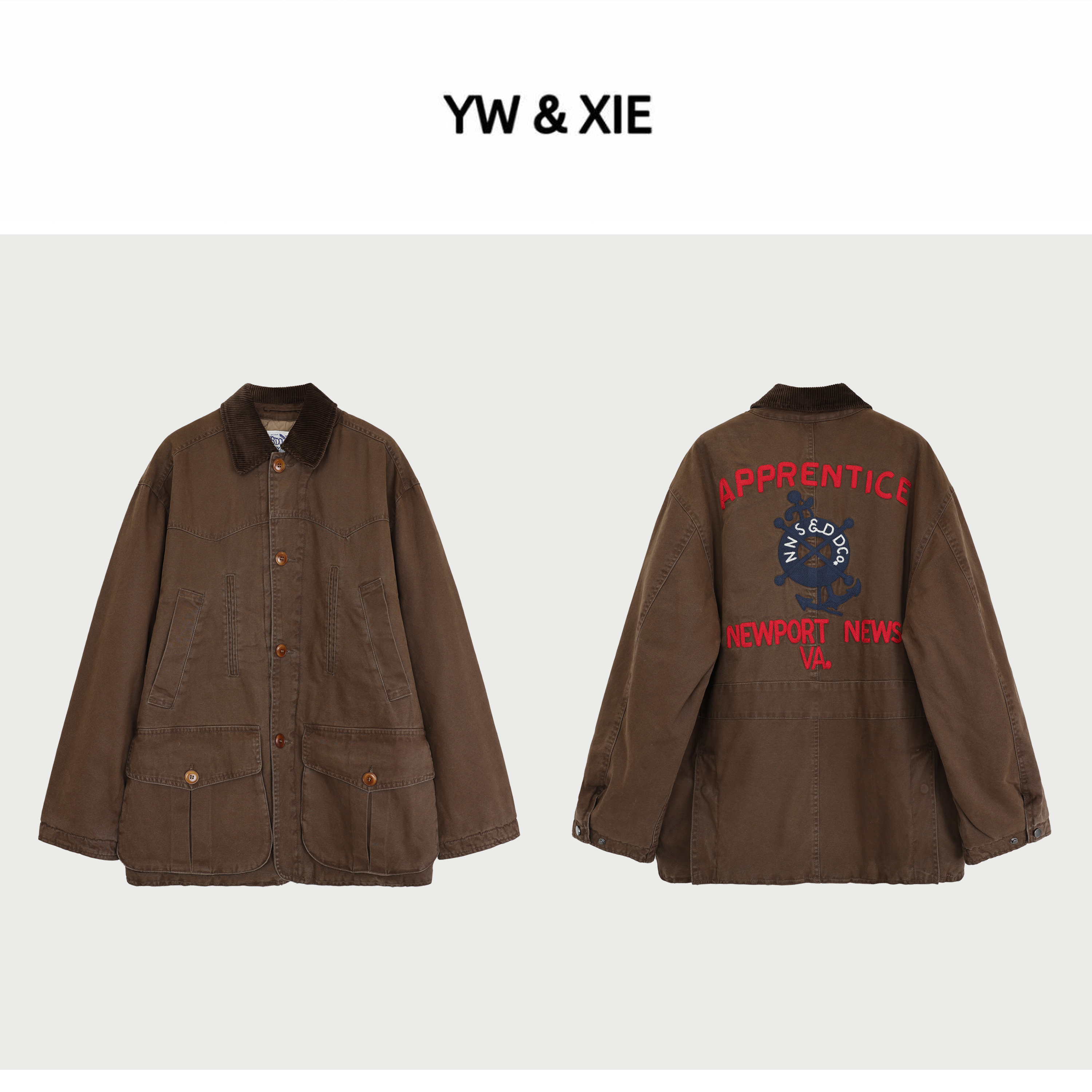 YW&XIE<5778> 100棉 百搭宽松外套刺绣夹棉加厚休闲翻领外套