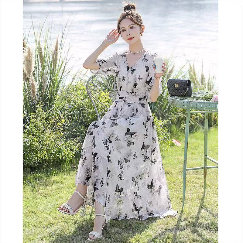 2025春夏季浪漫印花高腰复古碎花裙