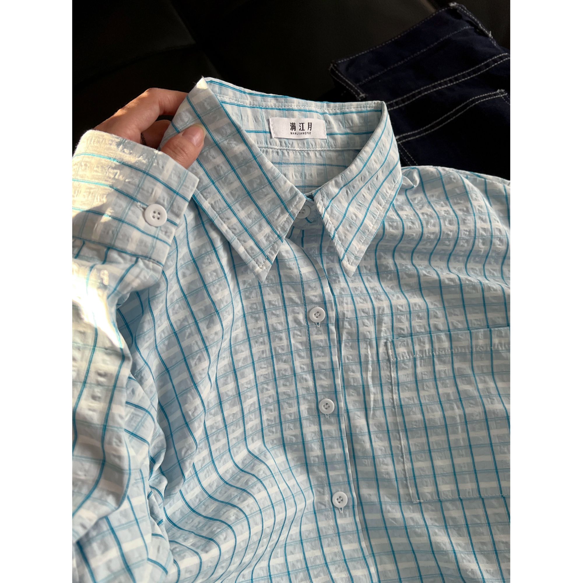 法式气质蓝色格子衬衫女宽松遮肉外穿长袖衬衣开衫时尚韩版设计感