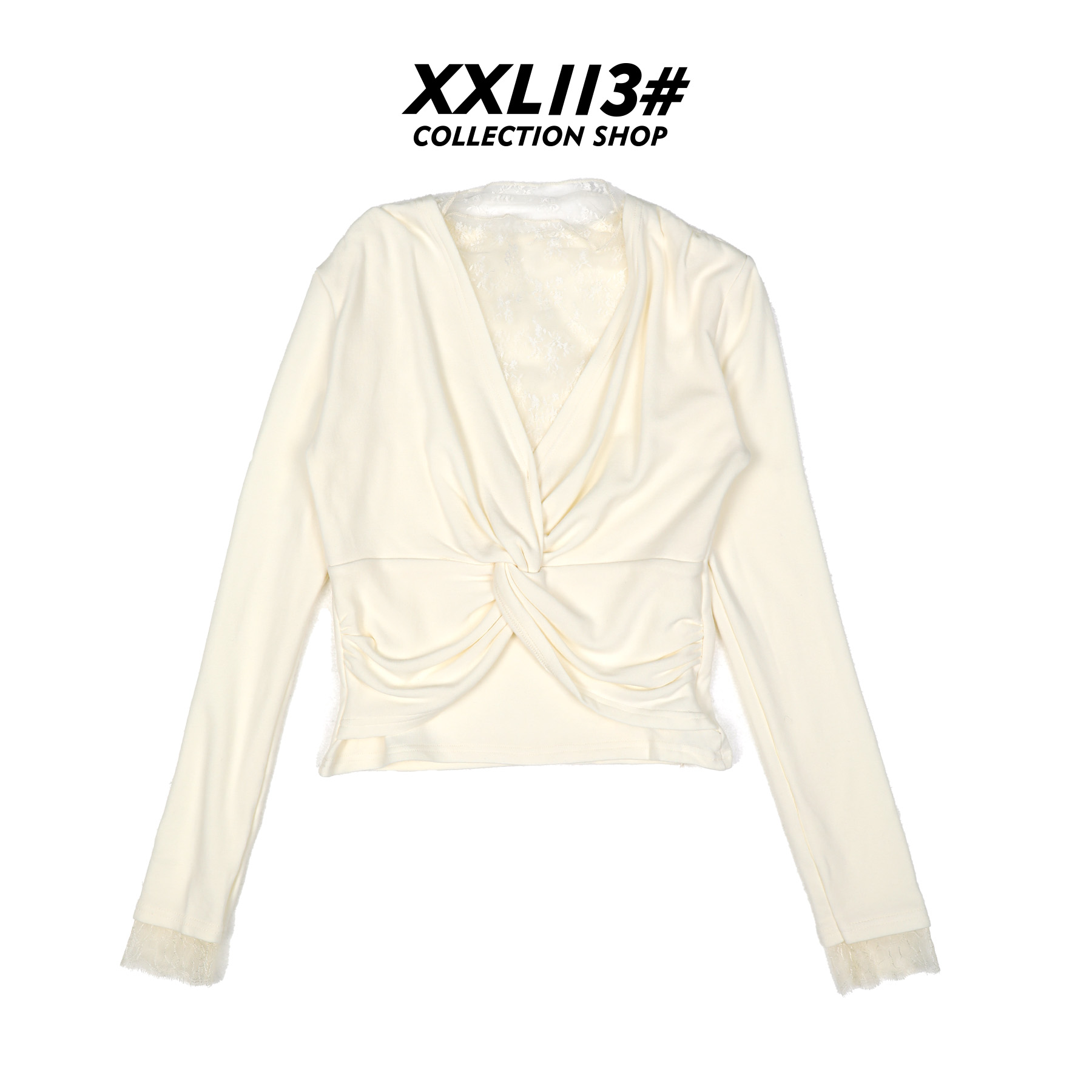 长袖V领蕾丝打底衫蕾丝木耳边t恤气质衬衫短款设计感X5F27L7526