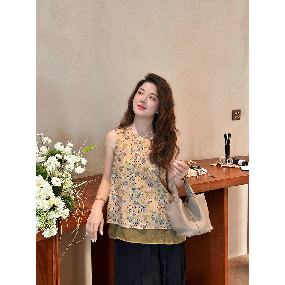 WenWen小个子无袖碎花背心衬衫夏季新款新中式圆领坎肩上衣4027