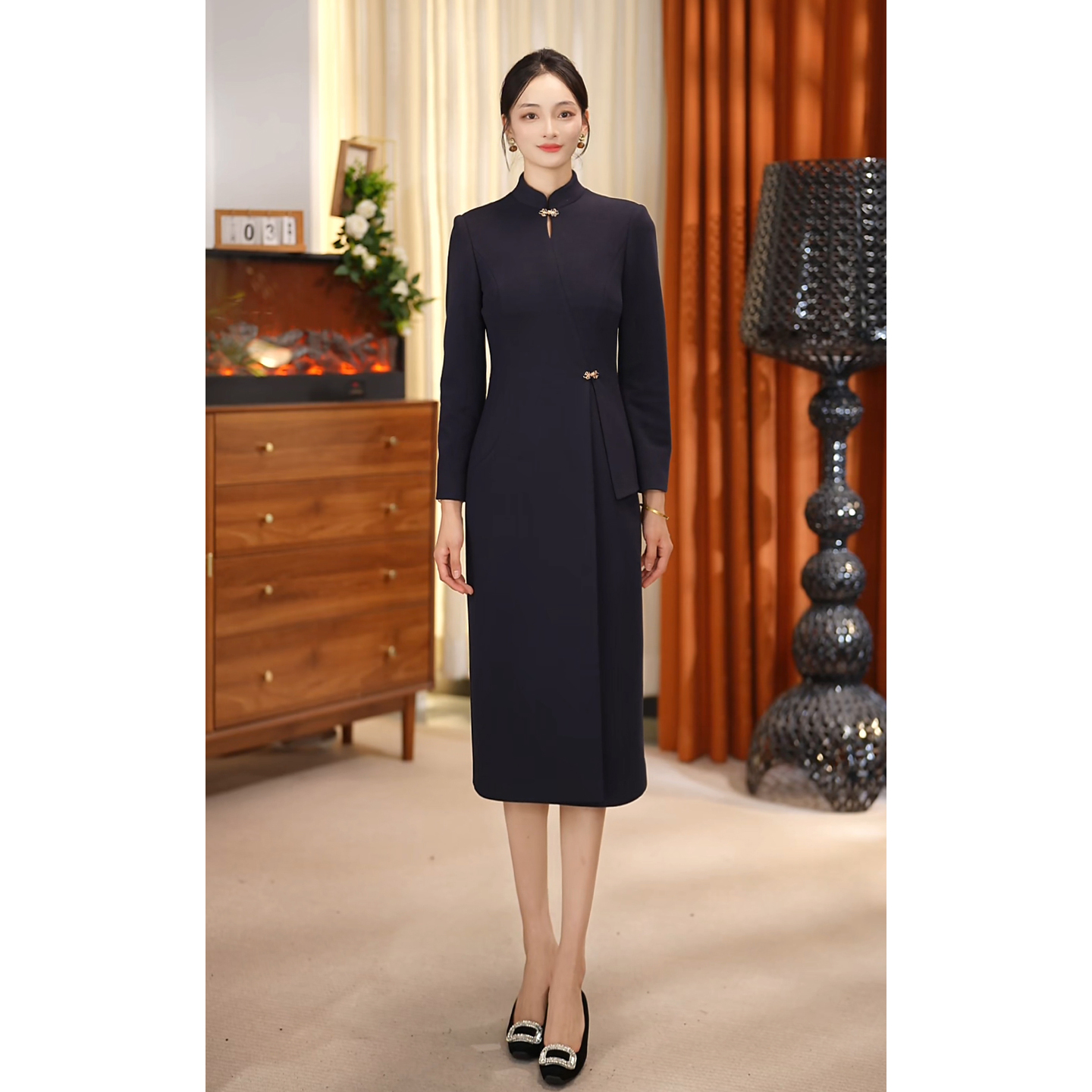 屿川 | 推荐深藏青毛呢冬款连衣裙装新款显瘦通勤百搭（PL2076Z）