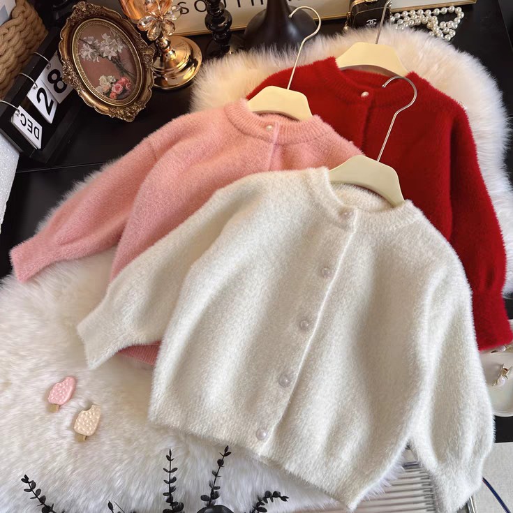 不起球女童毛衣小童开衫针织外套秋冬水貂绒女孩洋气2025新年衣服