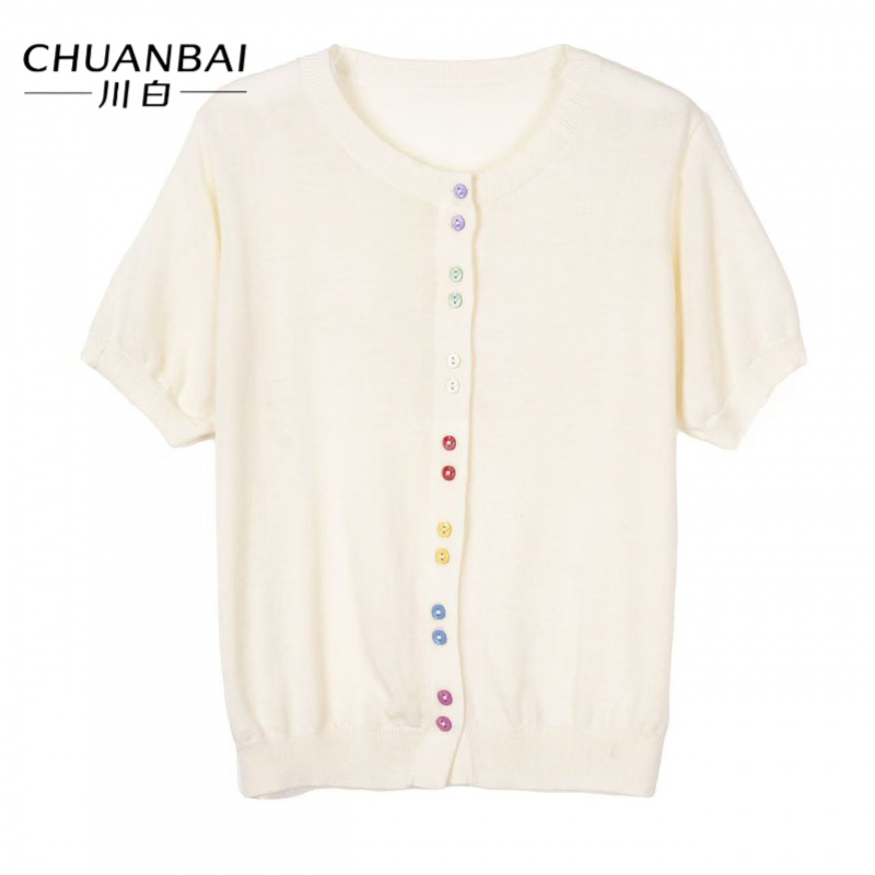 CHUANBAI 川白夏季再生纤维圆领彩虹双粒扣针织开衫时尚百搭短袖