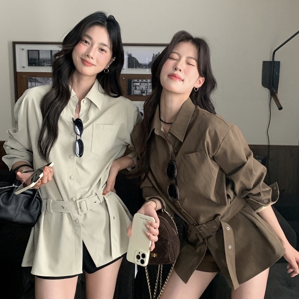 Cute Club 甜美风简约高级收腰长袖衬衫秋季新款宽松休闲百搭上衣