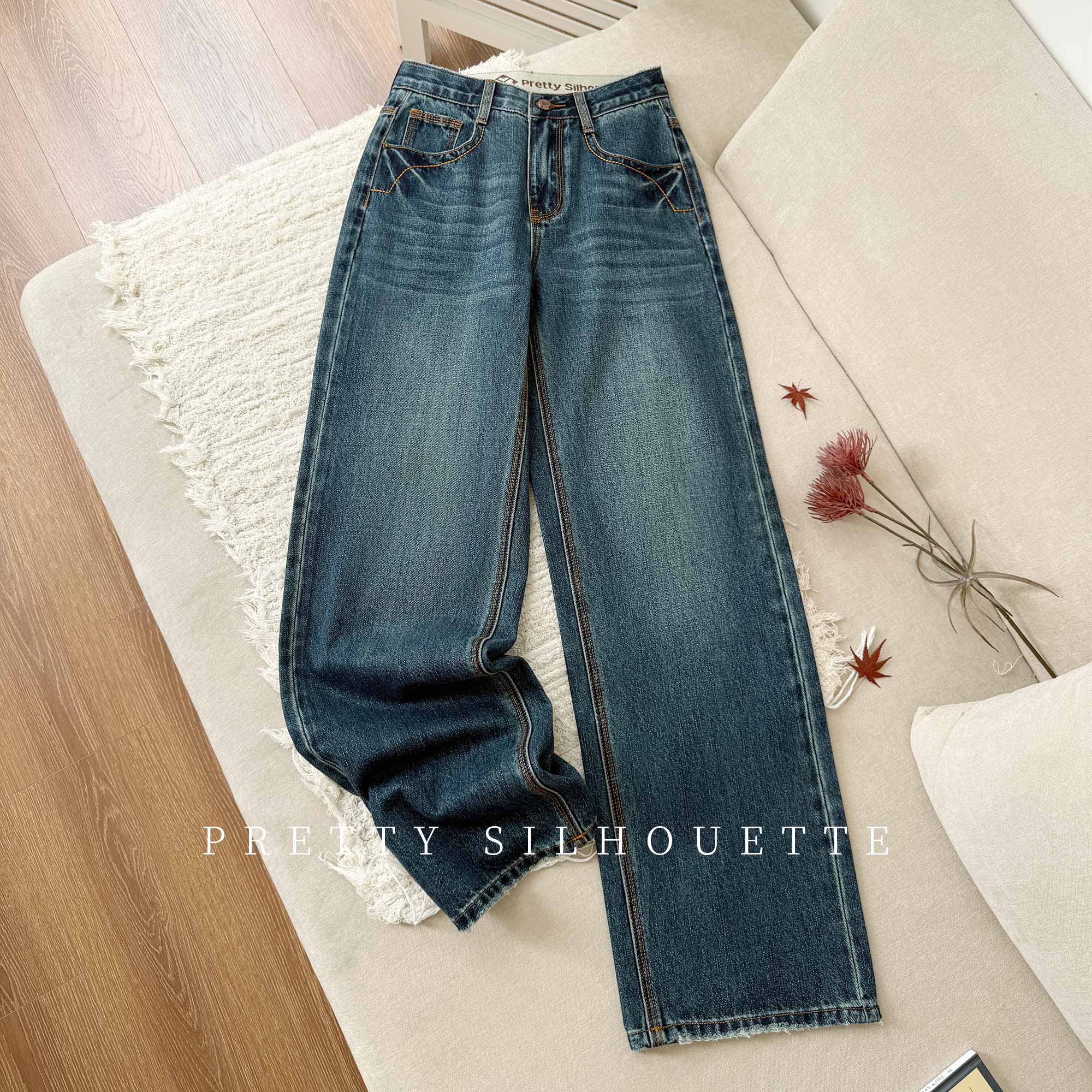 Pretty Silhouette/若纤牛仔裤女秋冬加绒爆款【镜渊蓝】窄版阔腿裤