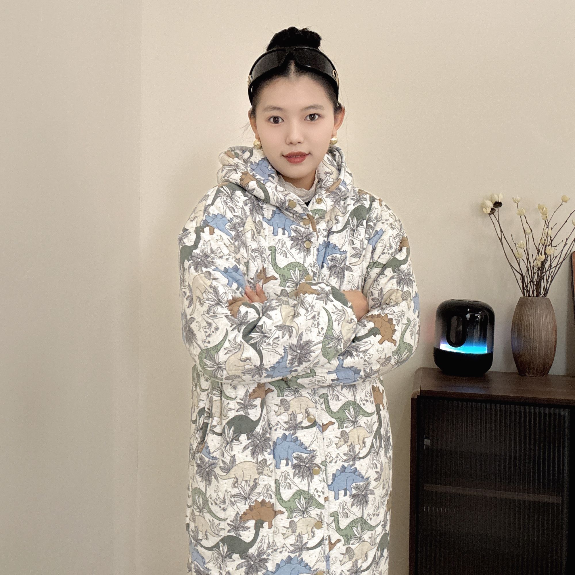 三七家新疆棉花【恐龙世界】连帽直筒宽松家居服保暖棉衣棉服女省服