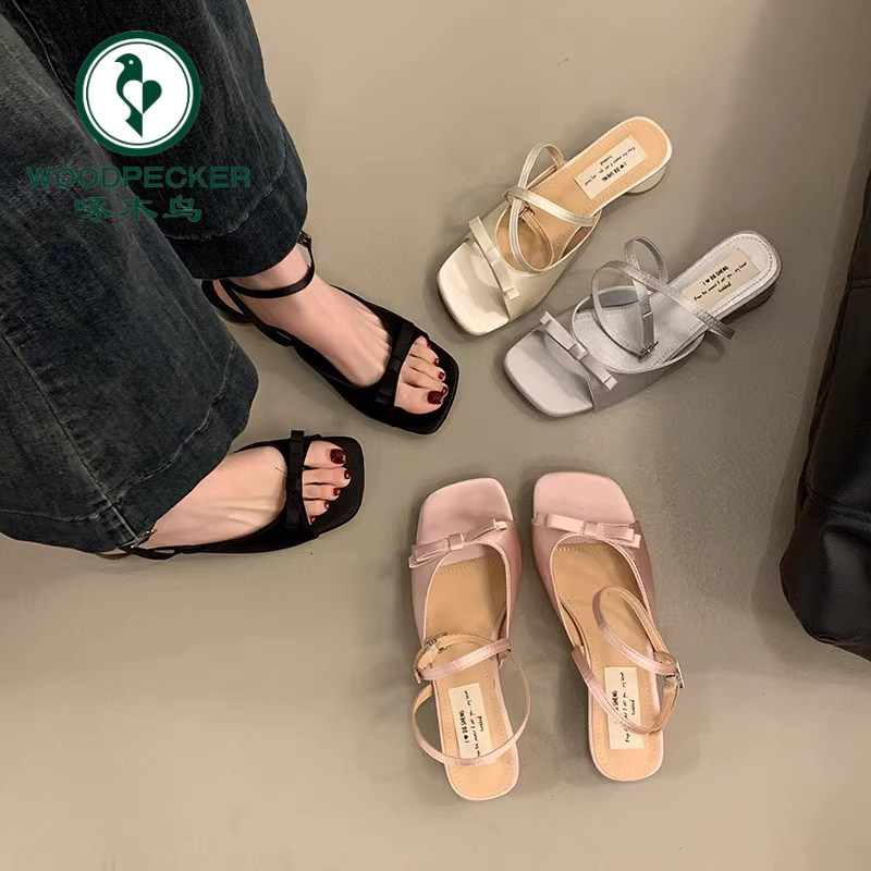 啄木鸟法式方头蝴蝶结凉鞋女夏季2025新款高跟鞋粗跟增高气质百搭