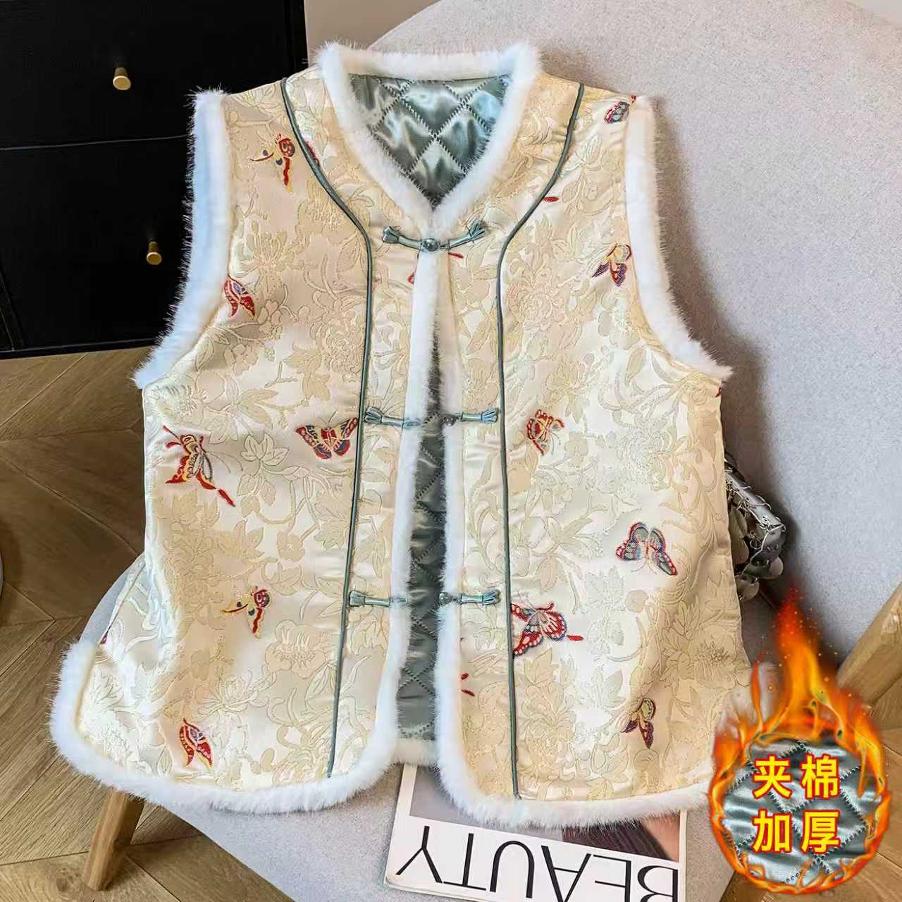 【青辰】国风气质毛毛拼接马夹蓝蝴蝶刺绣新中式圆领盘扣夹棉上衣