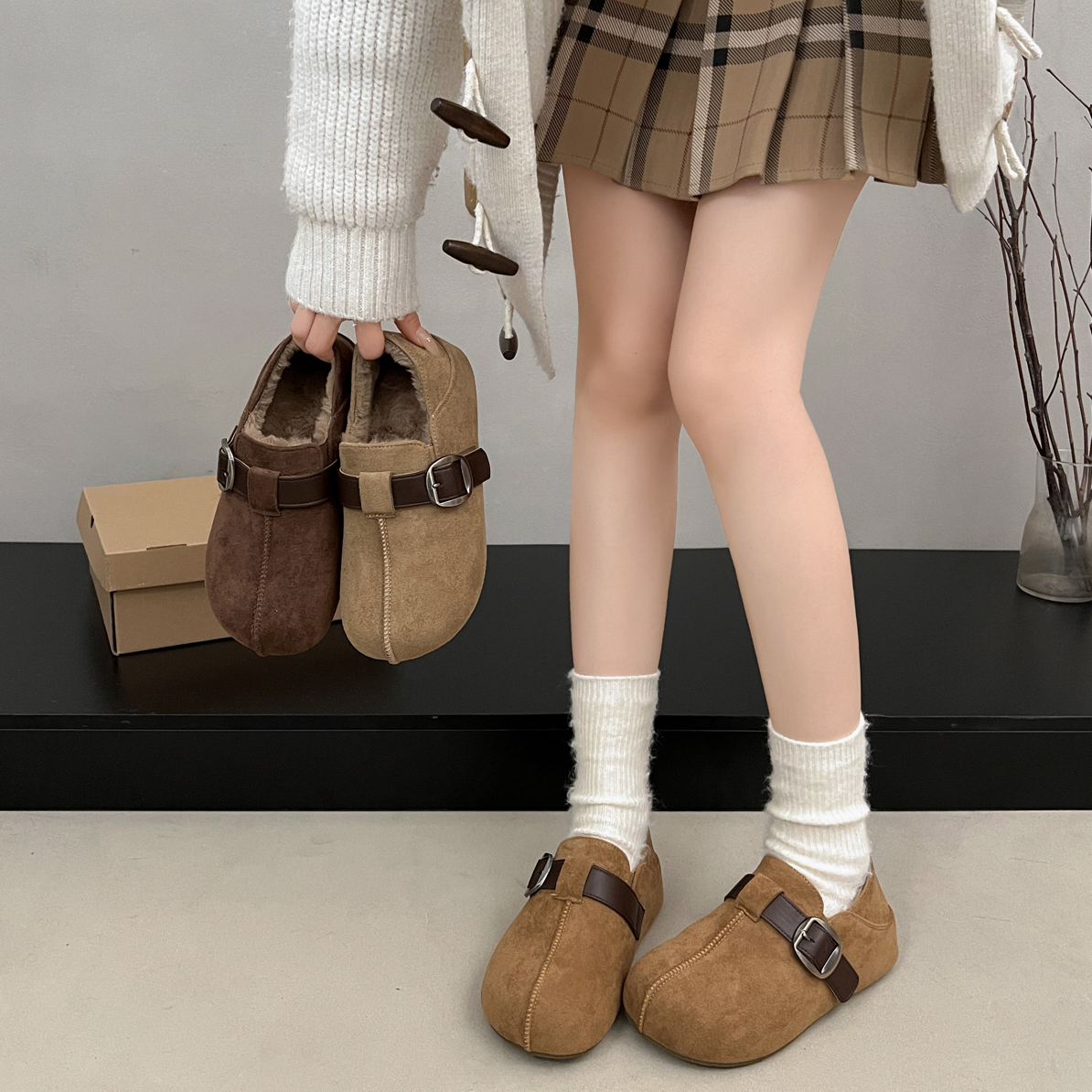 小个子厚底内增高薄绒全包勃肯鞋2025冬新款丑萌一脚蹬懒人鞋A80