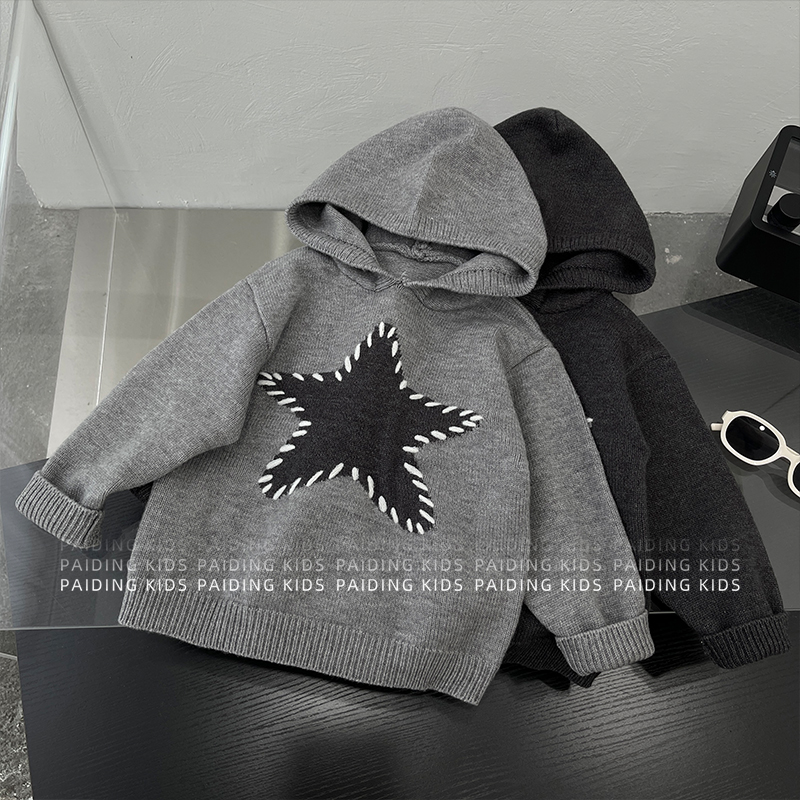 秋冬装儿童韩版时尚撞色星星两色休闲套头连帽毛衣HCXZ4691-DD1