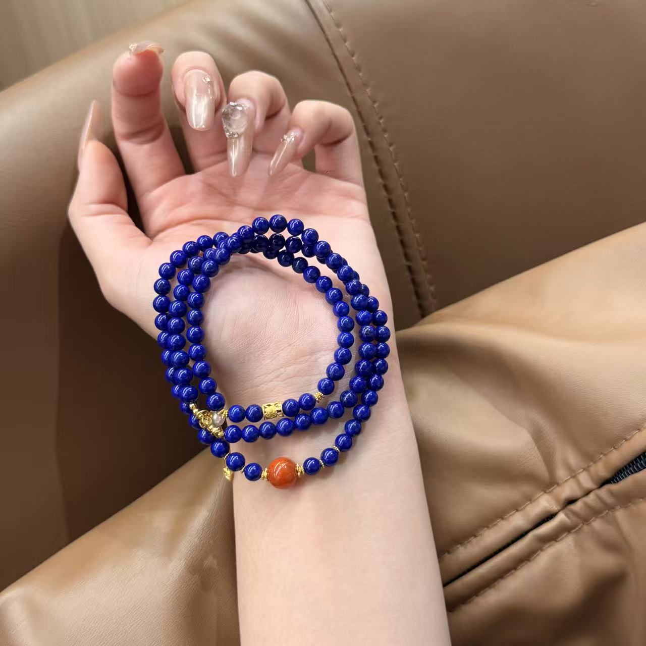 天然帝王蓝青金石原创手串手链（蓝红星河）中式美三圈 1993