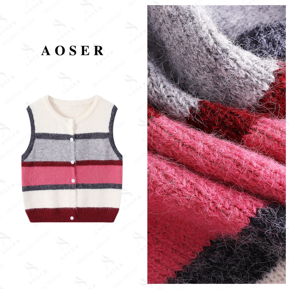 AOSER女士百搭短款圆领无袖单排扣条纹毛衣韩式女装2546