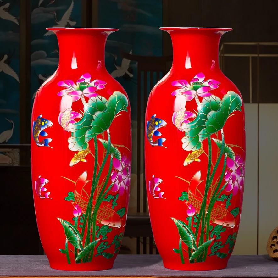 景德镇陶瓷花瓶客厅玄关博古架摆件红色年年有余冬瓜瓶一对