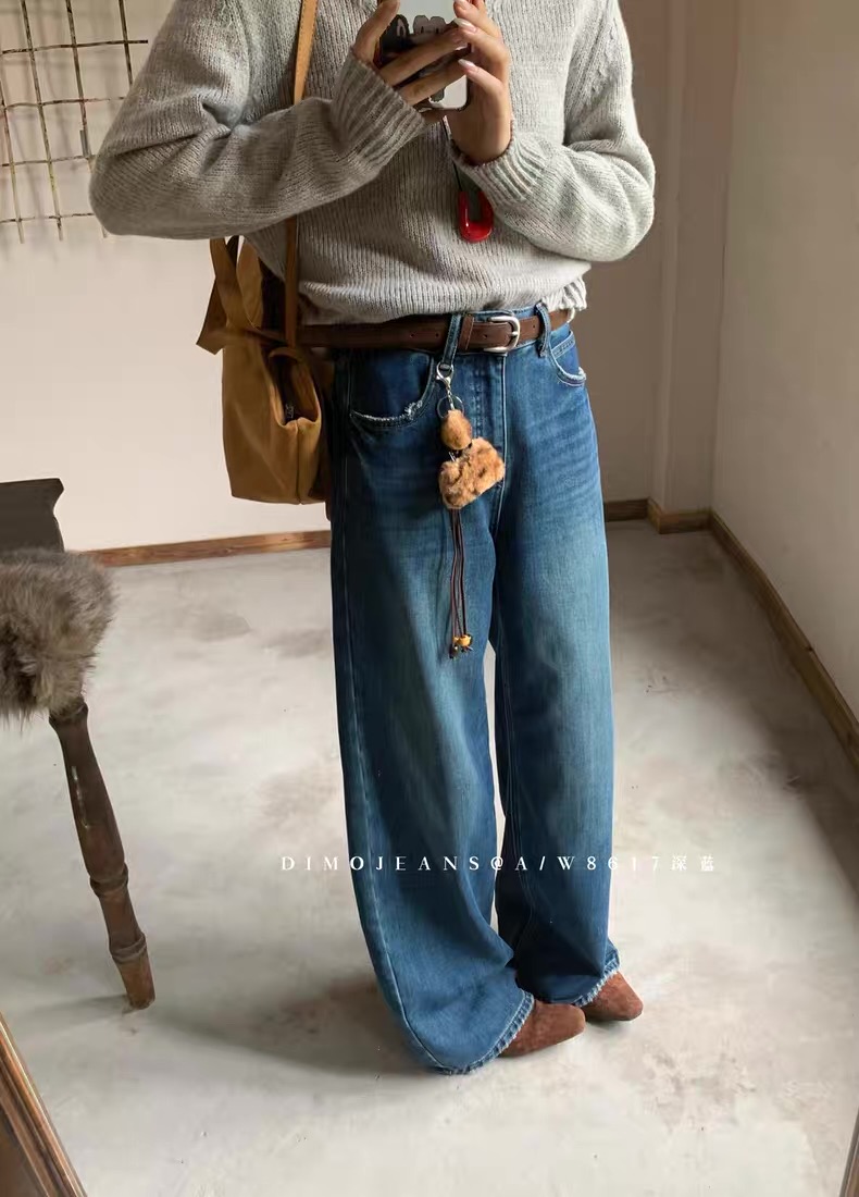 【8617-深兰植绒】dimo家 冬季薄绒 无弹直筒拖地裤 挺括有型 