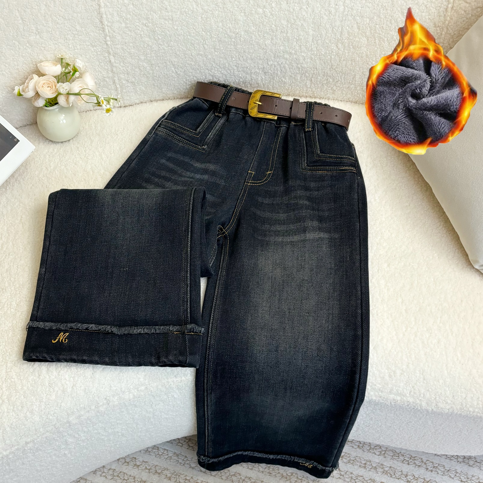 2025新款冬季一体绒女童洋气长裤时尚百搭加绒深色直角口袋牛仔裤