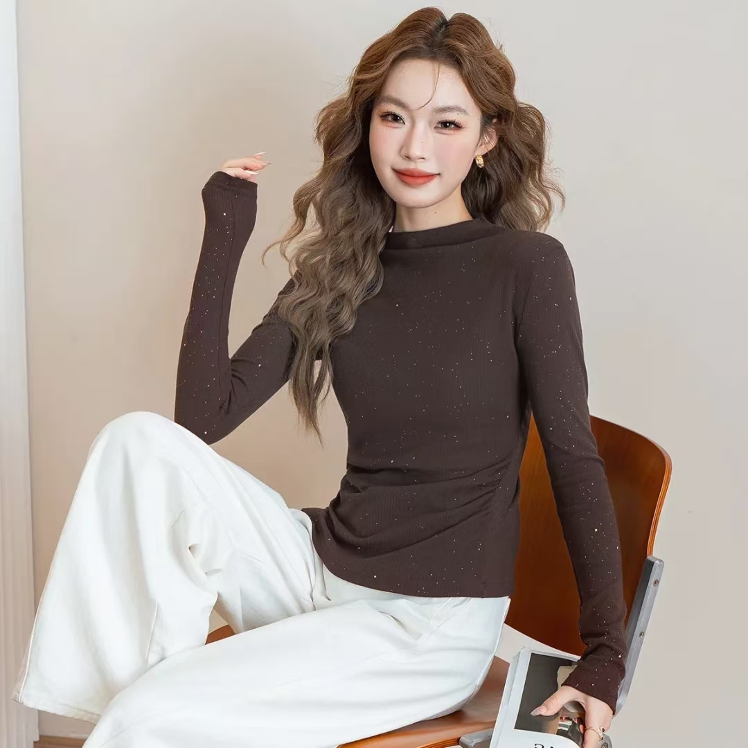 D172新款2025女长袖亮闪秋冬百搭气质打底衫显瘦时尚半高领女上衣