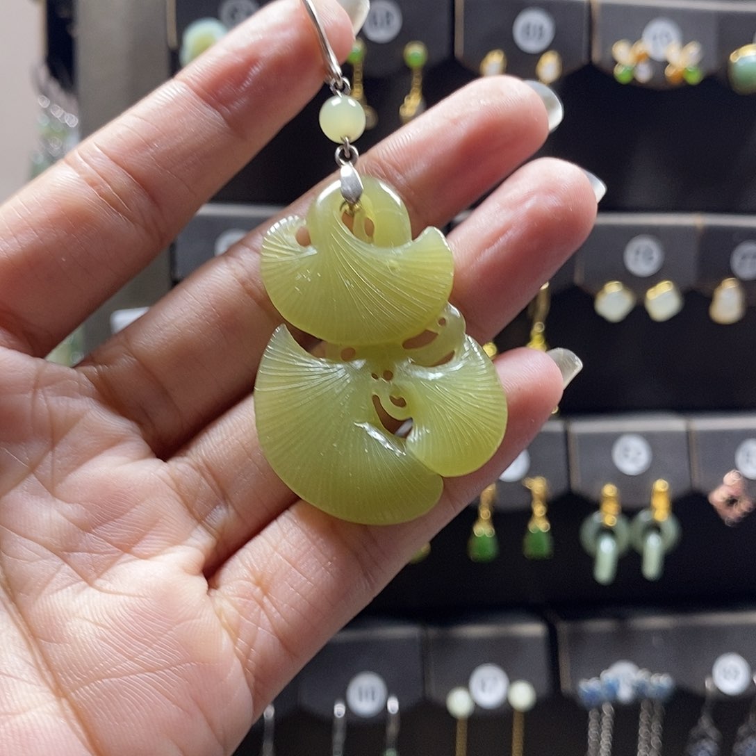 和田玉银S925镶嵌耳饰悠***心