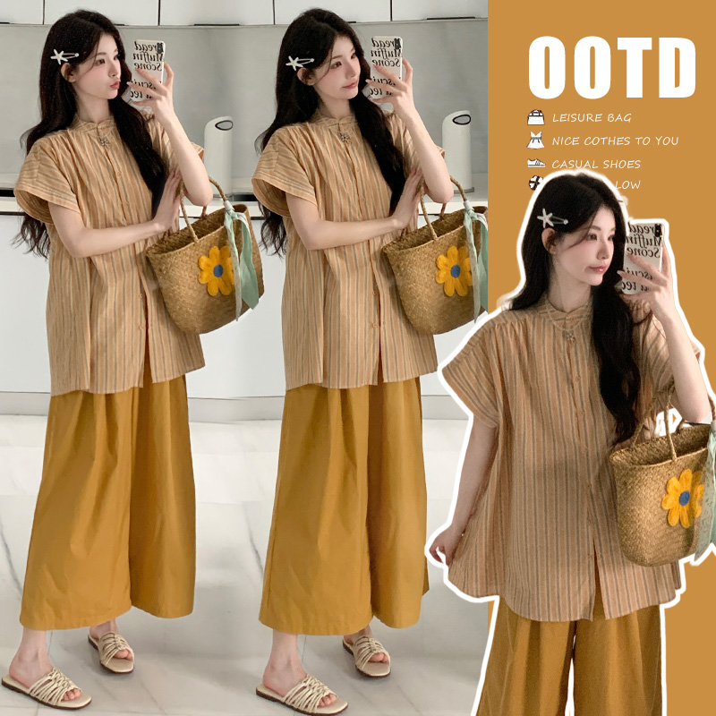 2025夏装套装两件套韩版时尚宽松条纹孕妇衬衫洋气显瘦孕妇阔腿裤