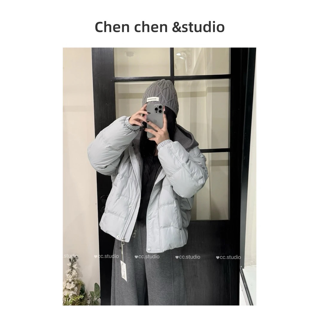 【50绒毛呢帽拼接针织保暖外套】拉链韩系短款白鸭绒羽绒服冬季保暖