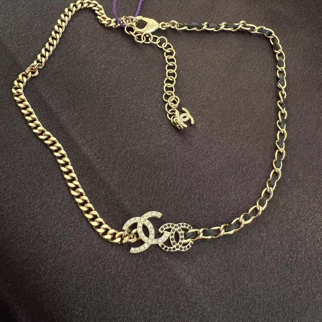 95新 Chanel/香奈儿 黑金 22B镶钻双c皮穿链choker项链/626877520