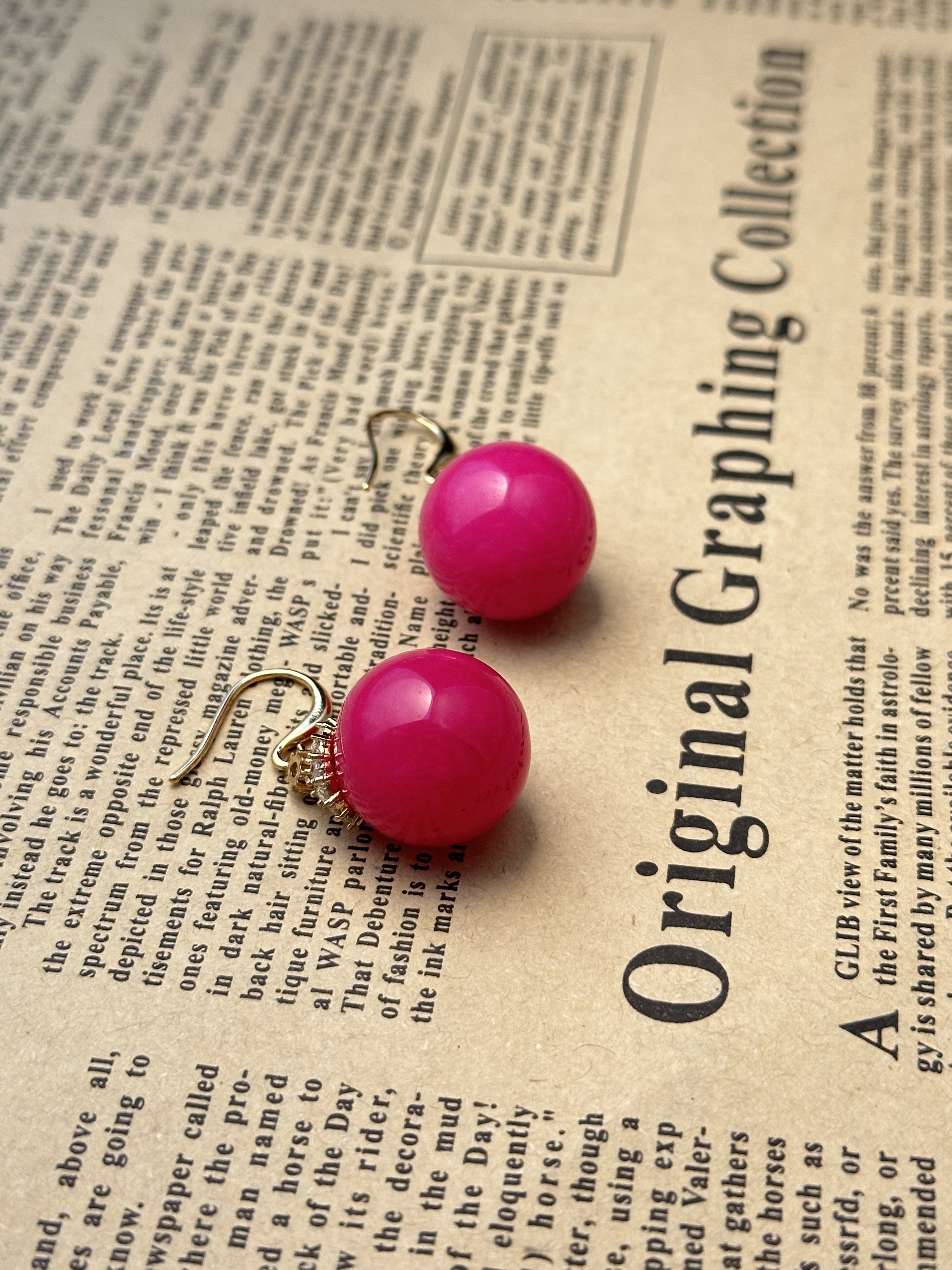 铜合金锆石耳饰 中古镀金粉色石头耳饰 E6432