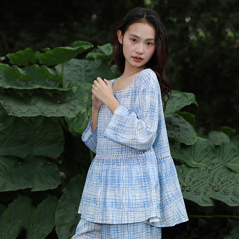 朵朵可可女2026春夏新款竹节棉睡衣圆领格纹八分袖家居服套装017