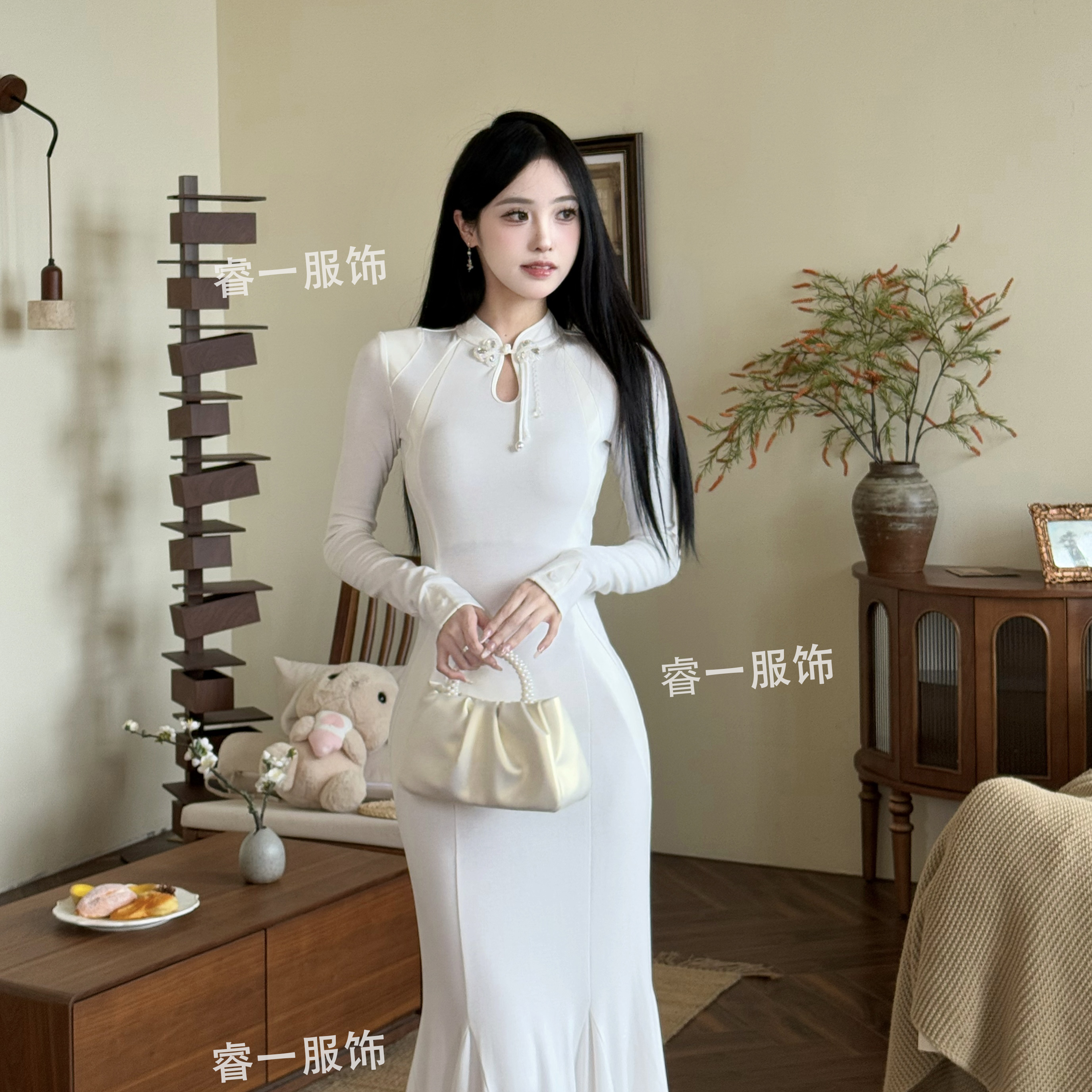  TITI (磨毛款）旗袍水滴领气质款拼接pu长裙显瘦修身鱼尾裙