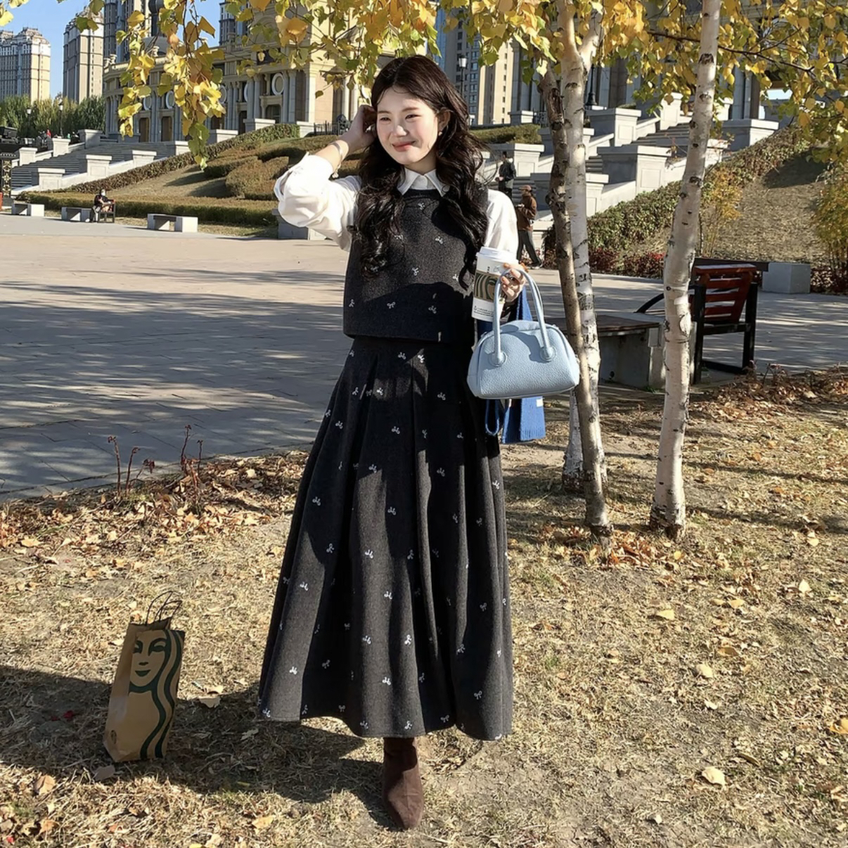 秋冬韩系氛围感长袖灰色内搭套装连衣裙女款时尚显瘦高级感