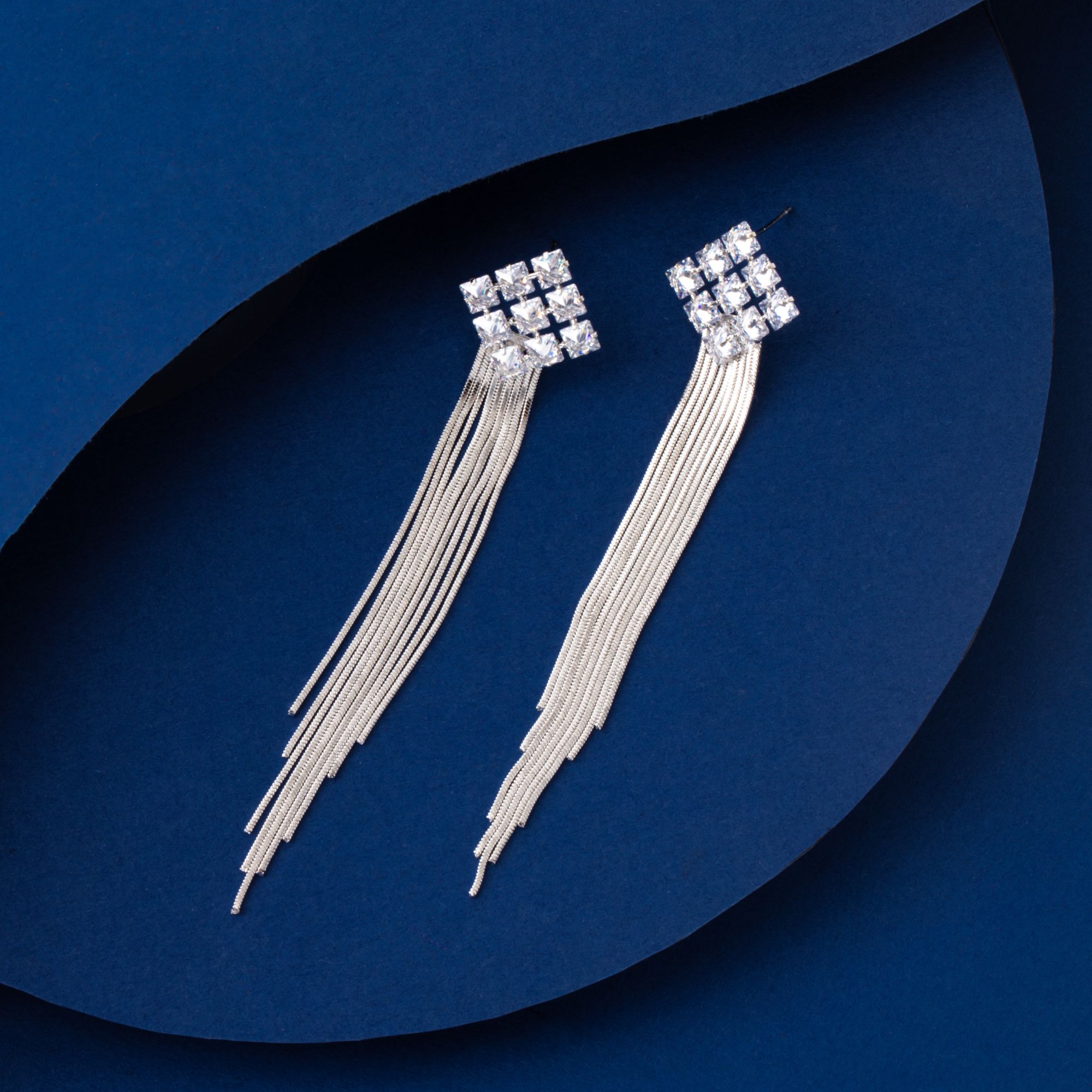 铜合金锆石耳饰 新款气质轻奢时尚长款方钻流苏耳环优雅大气