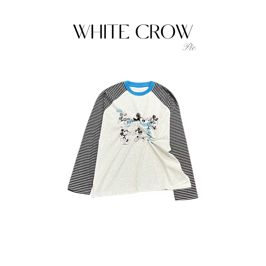 白乌鸦【斑马小奇】经典宽松百搭条纹长袖T8282
