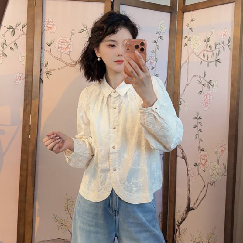 春秋冬季新款纯色刺绣加棉衬衫女2025时尚百搭长袖女士上衣