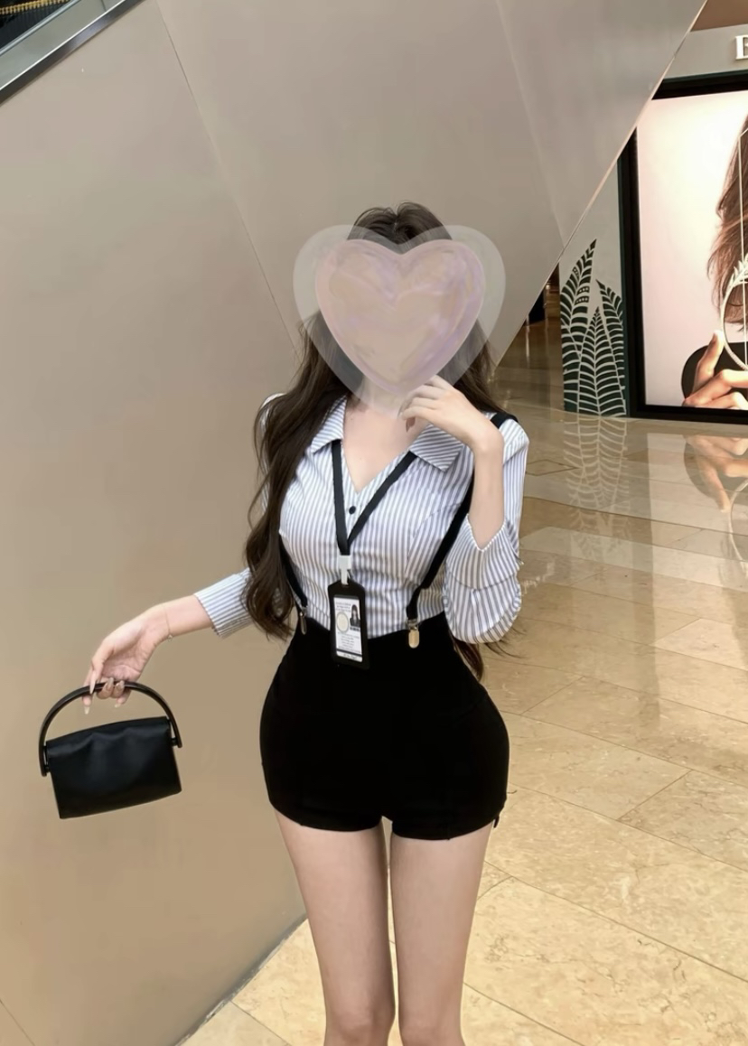 御姐高级感套装条纹收腰衬衫女夏季辣妹黑色短裤8063