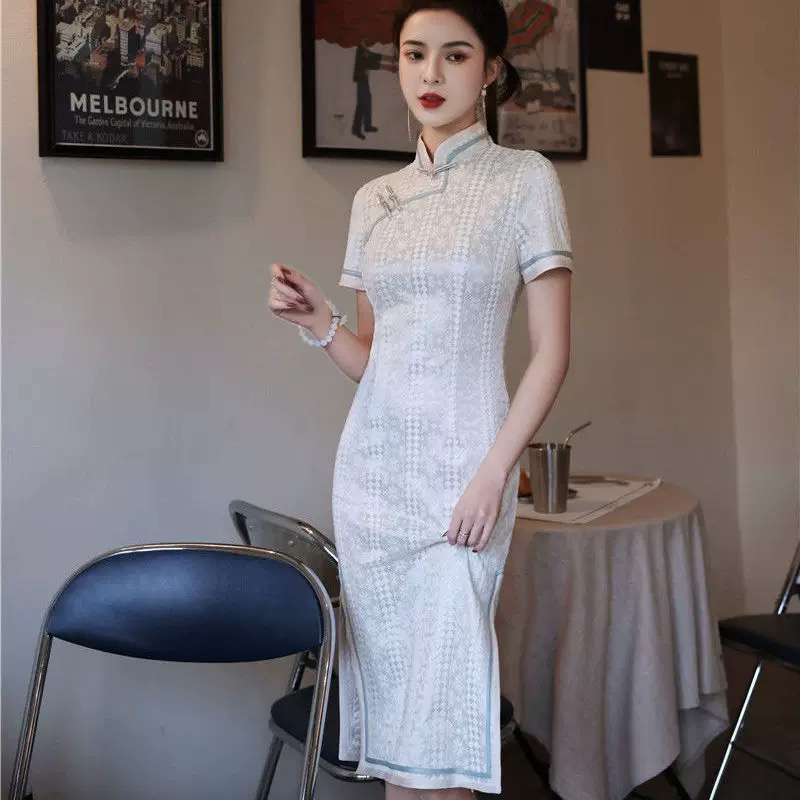 【2312 双包边 太阳花提花 米白色】复古民国新款素雅旗袍日常气质