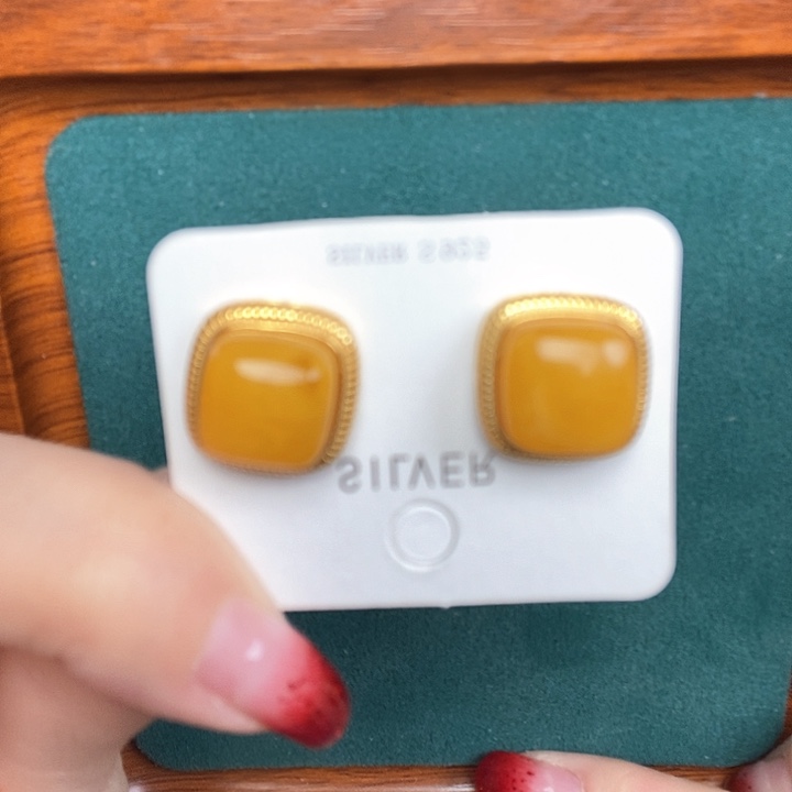 蜜蜡耳饰银S925镶嵌耳钉