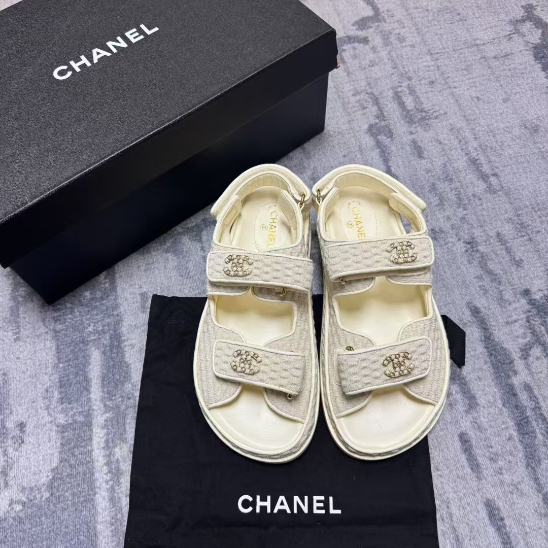 全新/Chanel/香奈儿/葡萄籽奢潮/新款针织金标魔术贴凉拖鞋/36码