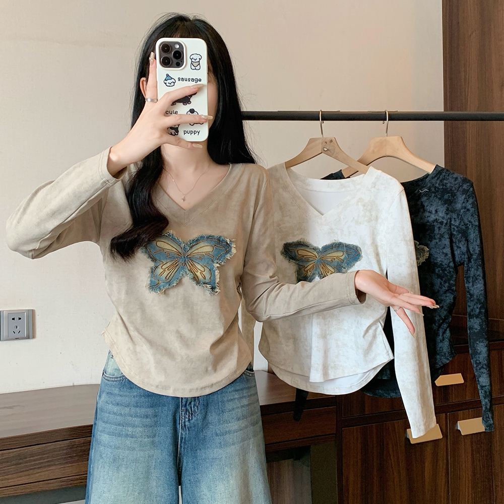 【涵胖胖】Q大码女装秋季V领长袖蝴蝶贴片V领打底T恤上衣2919