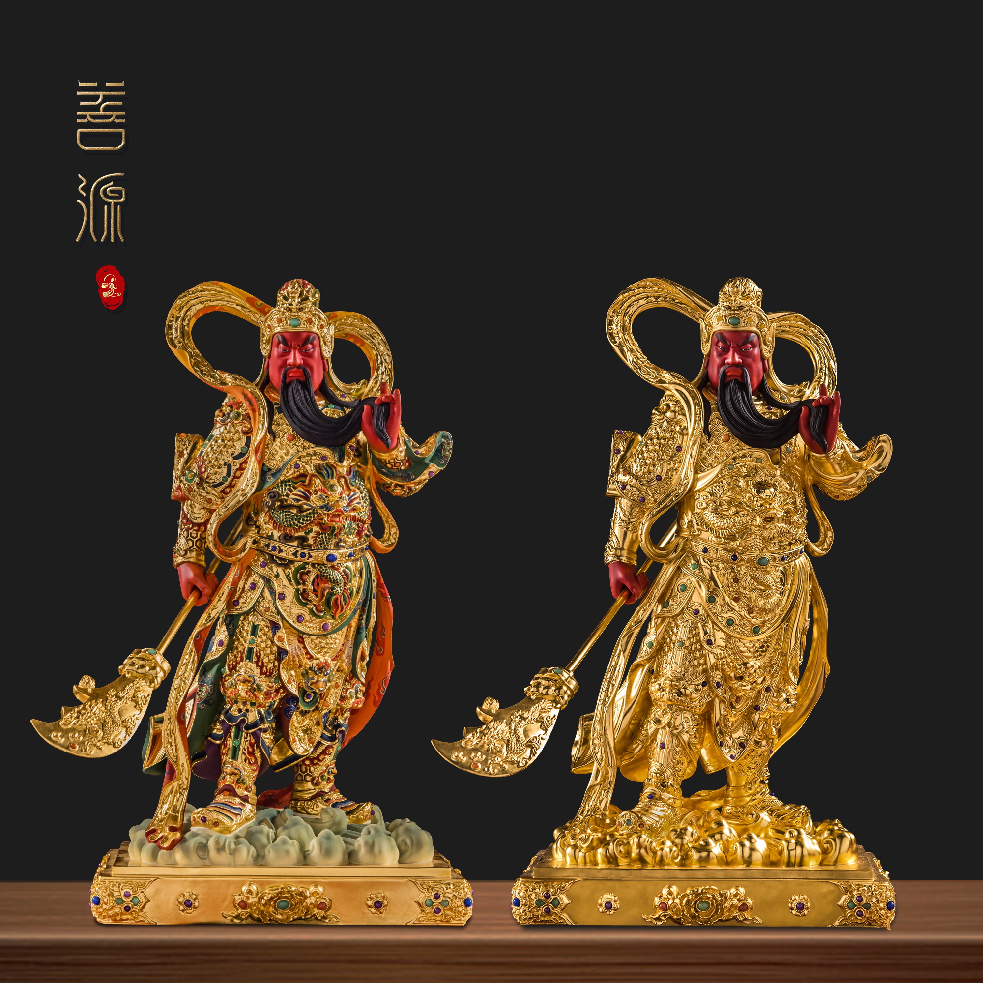 善源48cm关公护法造像黄铜泥金手工满金彩绘中式家用摆件