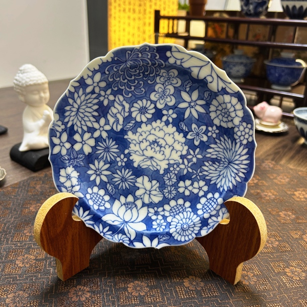 Q016[青岚]景德镇手工手绘万花壶承—15cm