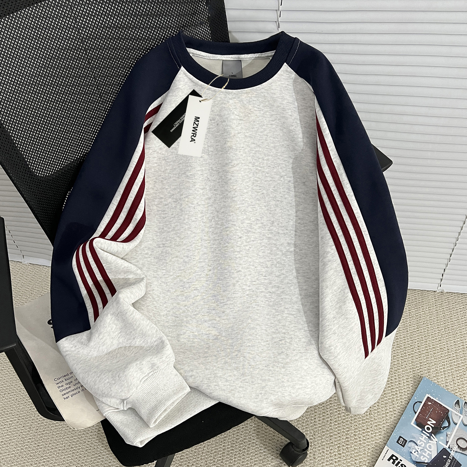 MZWRA重磅三条杠撞色圆领卫衣男秋冬季潮牌小众高街上衣2025新款