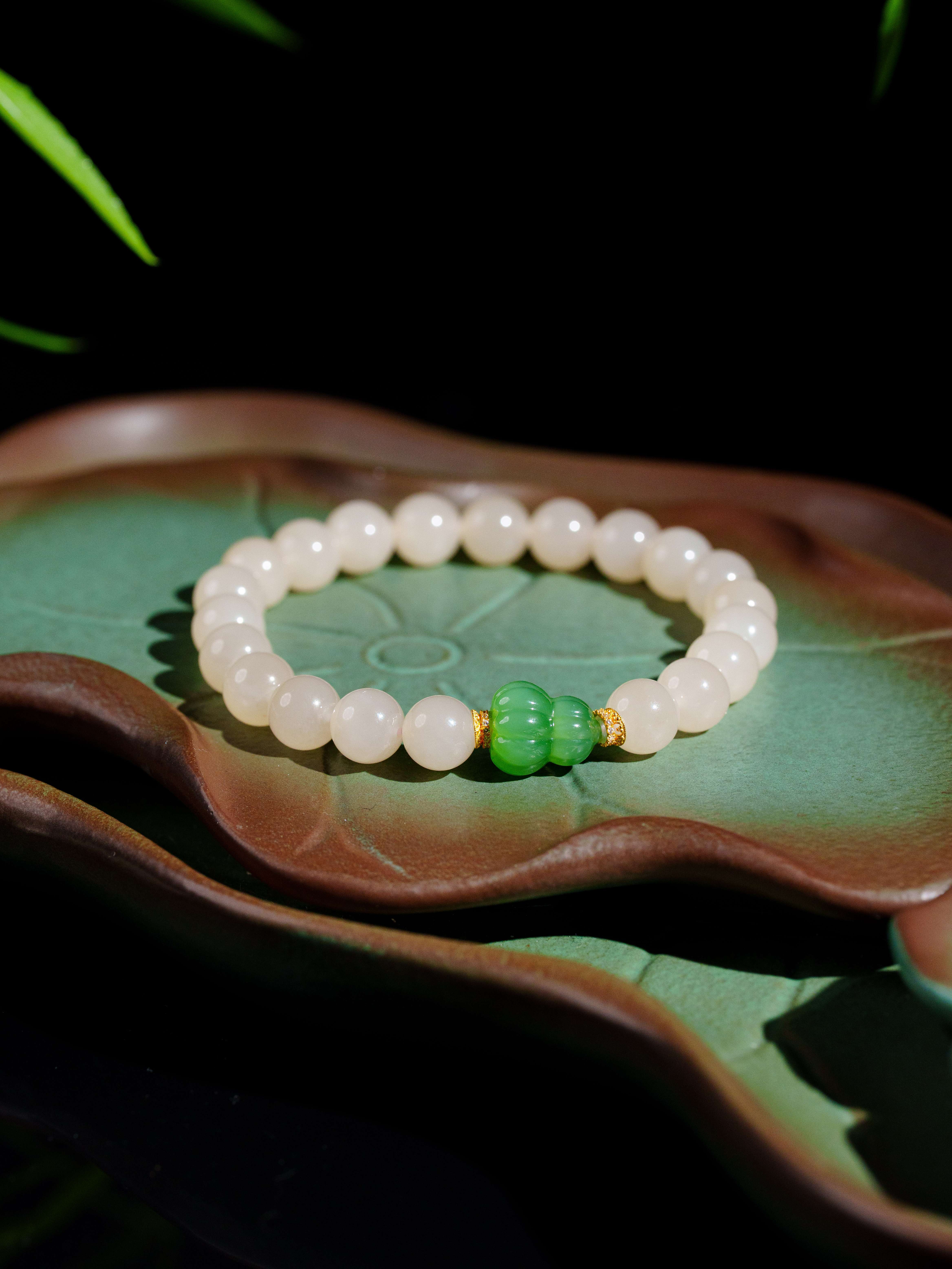 【桂雨】粉青南瓜葫芦和田玉藕粉手串7.5m+(18)D5024