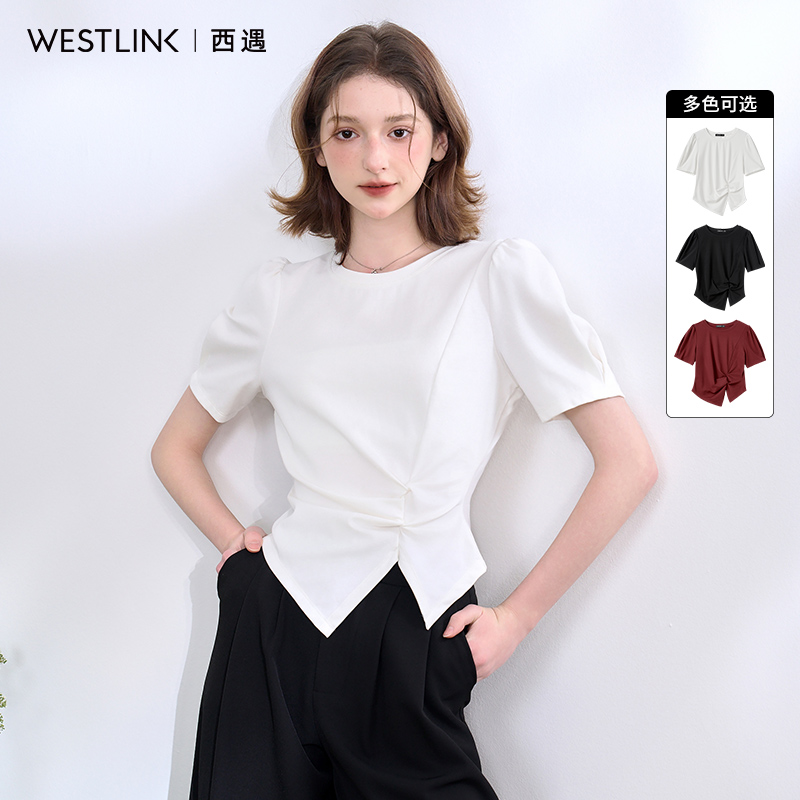 0249西遇泡泡短袖T恤女2025春夏捏褶收腰不规则开叉下摆上衣