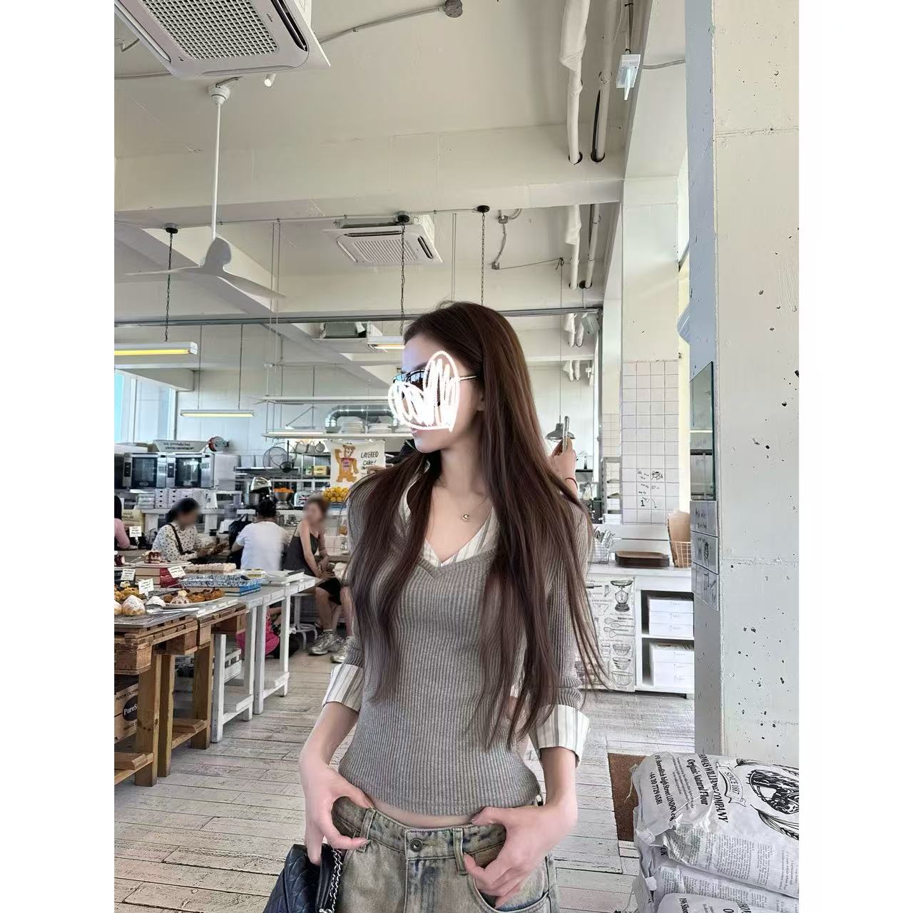 早秋时尚新款假两件v领中袖针织衬衫高智感百搭休闲气质上衣A1525
