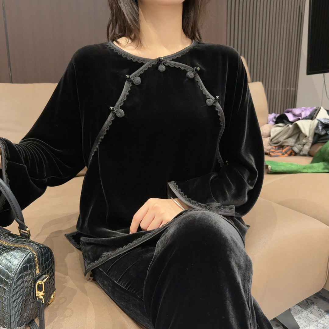早秋丝绒拱门定制蜗牛扣新中式上衣