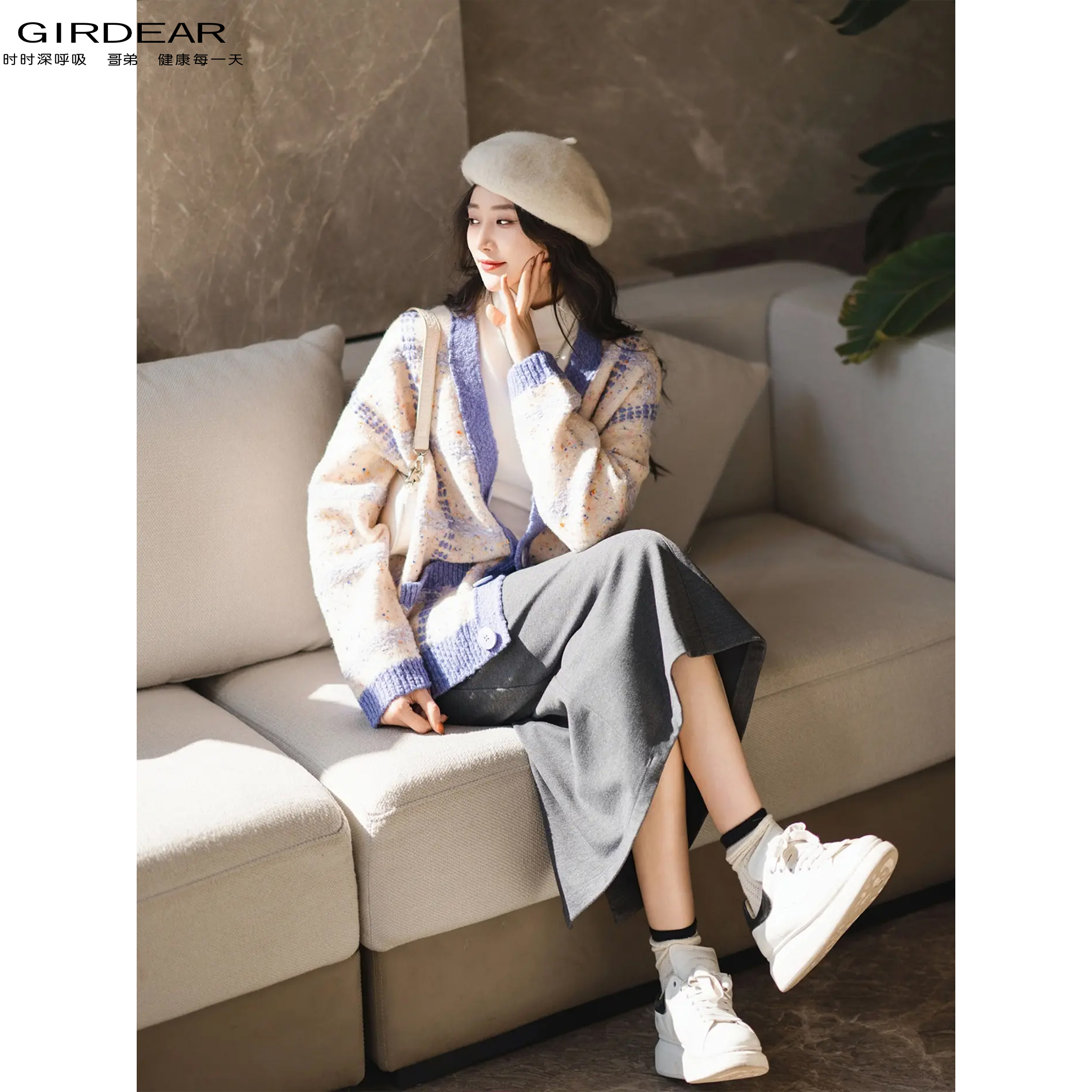 GIRDEAR/哥弟秋冬新款百搭时尚宽松百搭毛小香风针织开衫 1499211