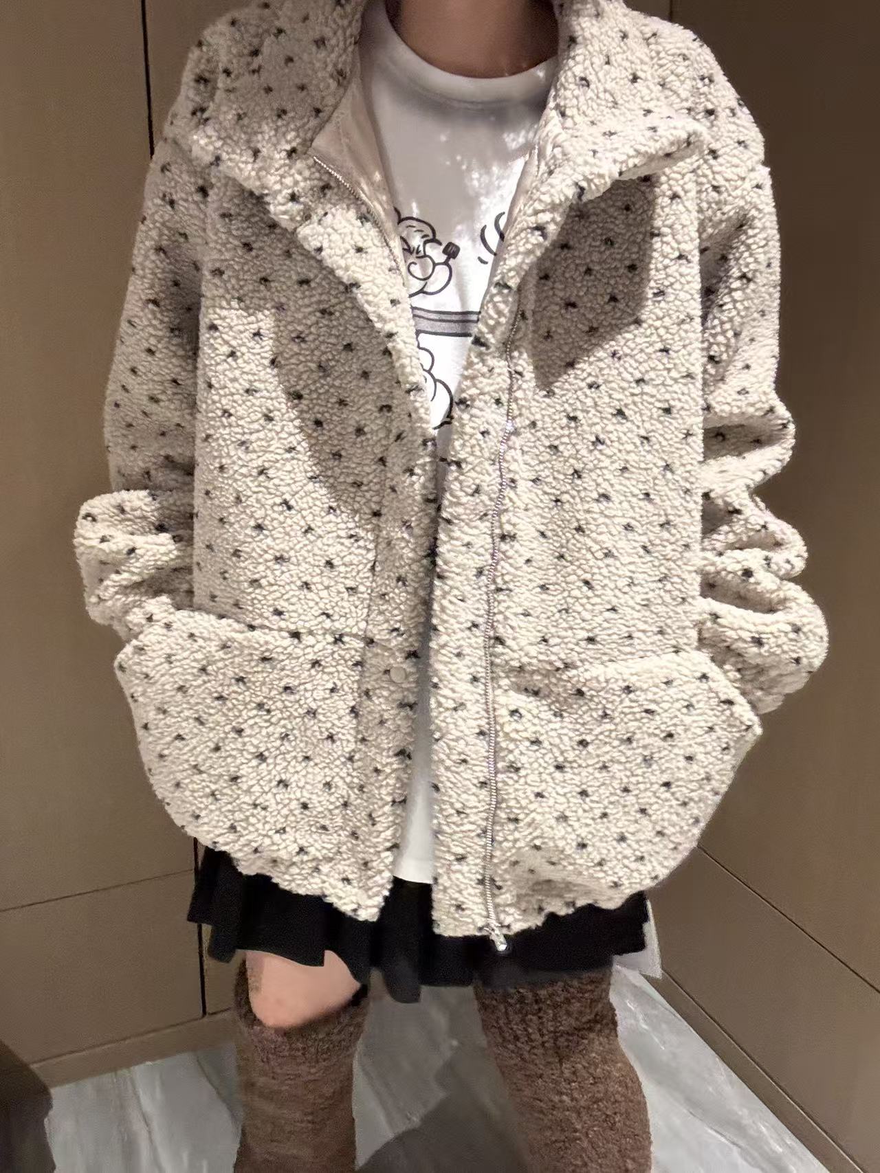 韩版秋季新款点点毛绒外套女