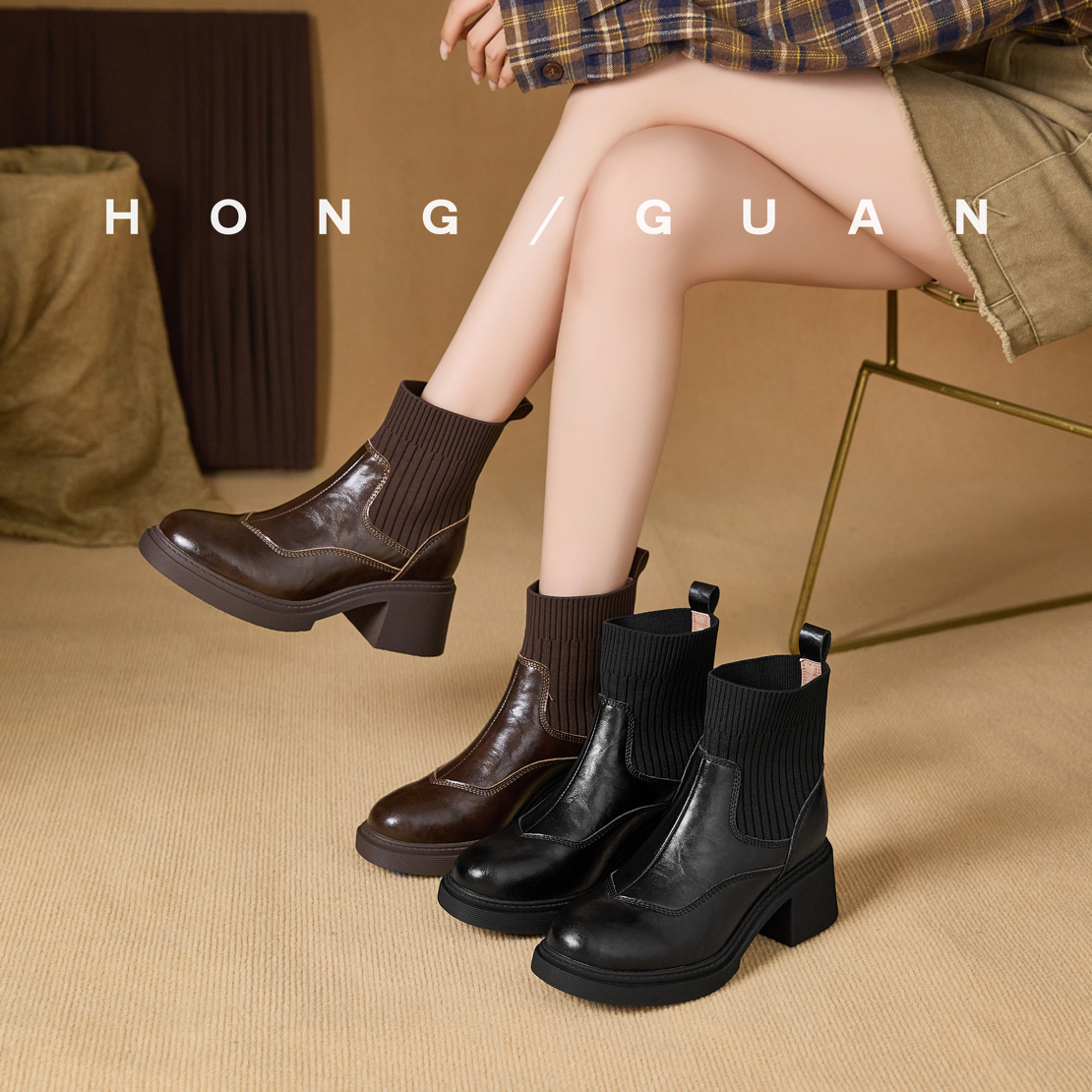 小圆头～加绒 | 5cm新款红冠手抓稳复古秋冬厚底瘦瘦针织袜靴002-1